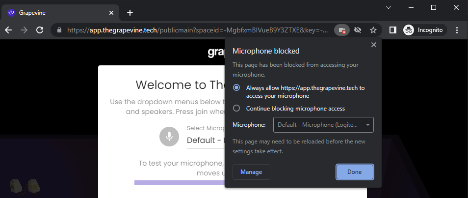 Microphone blocked dialog